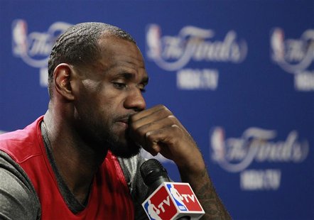 Miami Heat's LeBron James talks to the media after practice for Game 3 of the NBA basketball finals in Miami, Florida June 16, 2012. REUTERS Miami Heat's LeBron James talks to the media after practice for Game 3 of the NBA basketball finals in Miami, Florida June 16, 2012. REUTERS