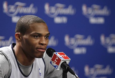 Oklahoma Thunder's Russell Westbrook speaks to the media before practice for Game 3 of the NBA basketball finals in Miami, Florida June 16, Oklahoma Thunder's Russell Westbrook speaks to the media before practice for Game 3 of the NBA basketball finals in Miami, Florida June 16,
