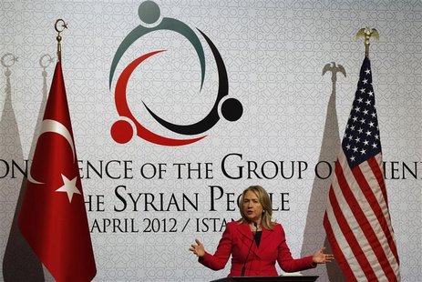 Secretary of State Hillary Clinton speaks during a news conference at the "Friends of Syria" conference in Istanbul April 1, 2012. REUTERS/M Secretary of State Hillary Clinton speaks during a news conference at the "Friends of Syria" conference in Istanbul April 1, 2012. REUTERS/M