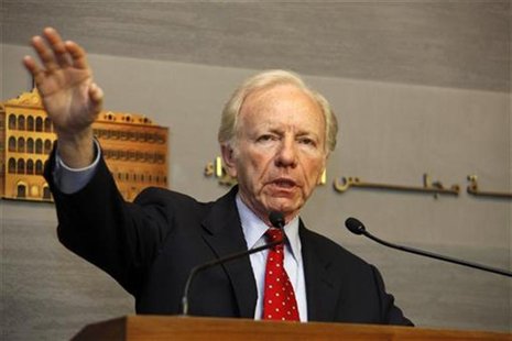 U.S. Senator Joseph Lieberman speaks during a news conference at the government palace in Beirut May 2, 2012. REUTERS/Mohamad Azakir U.S. Senator Joseph Lieberman speaks during a news conference at the government palace in Beirut May 2, 2012. REUTERS/Mohamad Azakir