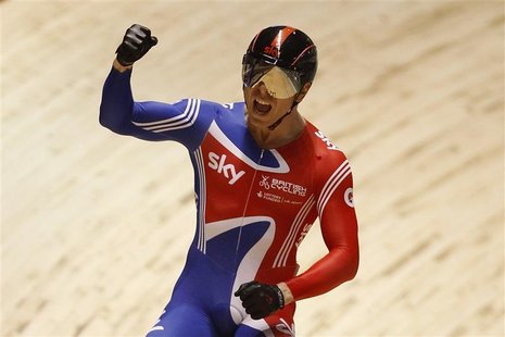Britain's Chris Hoy celebrates after winning gold in the men's Keirin at the 2012 UCI Track Cycling World Championships in Melbourne April 8 Britain's Chris Hoy celebrates after winning gold in the men's Keirin at the 2012 UCI Track Cycling World Championships in Melbourne April 8