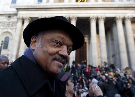 Reverend Jesse Jackson addresses a crowd at the Occupy London site outside St. Paul's Cathedral. Reverend Jesse Jackson addresses a crowd at the Occupy London site outside St. Paul's Cathedral.