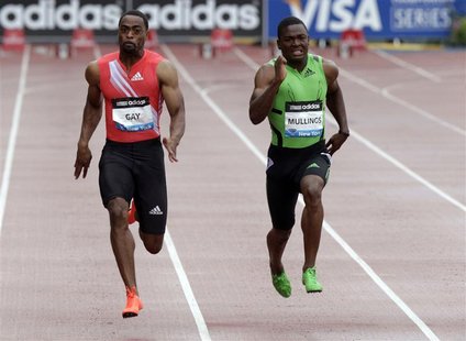 Jamaican sprinter Steve Mullings (R) competes against Tyson Gay of the U.S. in the men's 100-metre race at the New York Diamond League Grand Jamaican sprinter Steve Mullings (R) competes against Tyson Gay of the U.S. in the men's 100-metre race at the New York Diamond League Grand