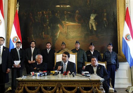 Newly appointed Paraguayan President Federico Franco speaks as he is flanked by Senator Miguel Saguier (L) and Congressman Salustiano Salina Newly appointed Paraguayan President Federico Franco speaks as he is flanked by Senator Miguel Saguier (L) and Congressman Salustiano Salina