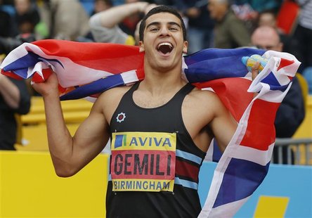 Adam Gemili reacts after realising he has qualified to represent Britain at this summer's Olympic Games following the men's 100 metres final Adam Gemili reacts after realising he has qualified to represent Britain at this summer's Olympic Games following the men's 100 metres final