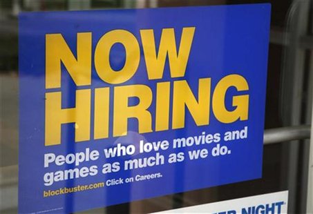 A help wanted sign hangs on the door of a Blockbuster movie and game store in Golden, Colorado September 17, 2009. REUTERS/Rick Wilking A help wanted sign hangs on the door of a Blockbuster movie and game store in Golden, Colorado September 17, 2009. REUTERS/Rick Wilking
