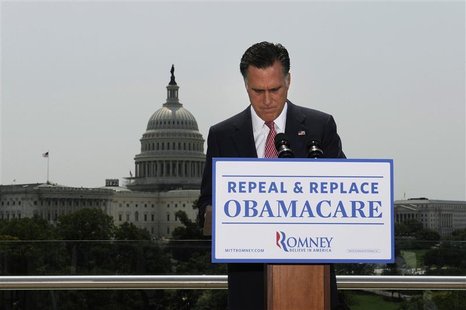 U.S. Republican Presidential candidate Mitt Romney pauses as he gives his reaction to the Supreme Court's upholding key parts of President B U.S. Republican Presidential candidate Mitt Romney pauses as he gives his reaction to the Supreme Court's upholding key parts of President B