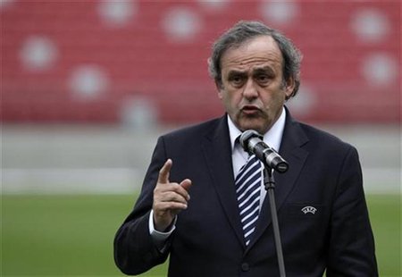 UEFA President Michel Platini speaks during a news conference about preparations for the EURO 2012 soccer championships at the National Stad UEFA President Michel Platini speaks during a news conference about preparations for the EURO 2012 soccer championships at the National Stad