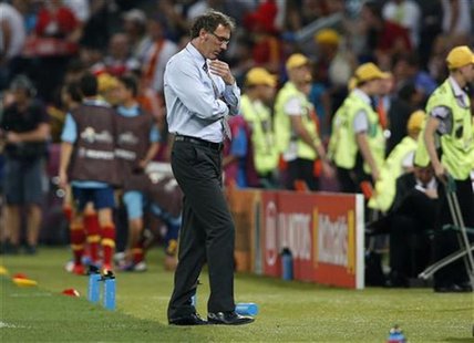 France's coach Laurent Blanc reacts during their Euro 2012 quarter-final soccer match against Spain at Donbass Arena in Donetsk June 23, 201 France's coach Laurent Blanc reacts during their Euro 2012 quarter-final soccer match against Spain at Donbass Arena in Donetsk June 23, 201