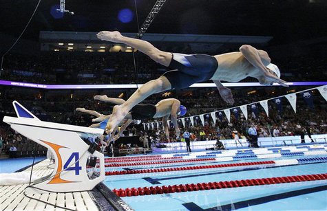 Michael Phelps starts his men's 200m individual medley semifinal during the U.S. Olympic swimming trials in Omaha, Nebraska, June 29, 2012. Michael Phelps starts his men's 200m individual medley semifinal during the U.S. Olympic swimming trials in Omaha, Nebraska, June 29, 2012.