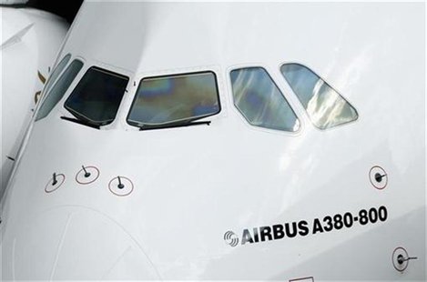 Cockpit windows of the Emirates Airline's Airbus A380 jet are pictured after its maiden flight at John F. Kennedy International Airport in N Cockpit windows of the Emirates Airline's Airbus A380 jet are pictured after its maiden flight at John F. Kennedy International Airport in N