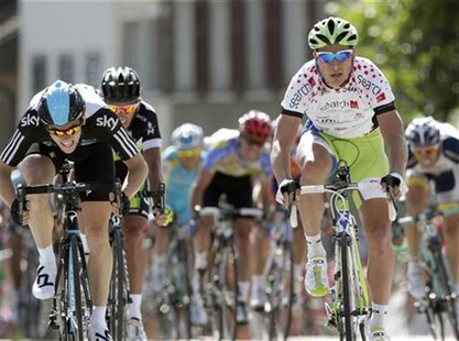 Liquigas rider Peter Sagan of Slovakia (R) cycles to win the sixth stage of the Tour de Suisse cycling race in Bischofszell June 14, 2012. R Liquigas rider Peter Sagan of Slovakia (R) cycles to win the sixth stage of the Tour de Suisse cycling race in Bischofszell June 14, 2012. R
