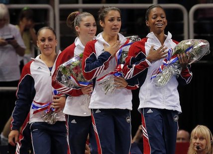 U.S. gymnasts Jordyn Wieber, McKayla Maroney, Alexandra Raisman and Gabrielle Douglas (L-R) cry as they are introduced as members of the U.S U.S. gymnasts Jordyn Wieber, McKayla Maroney, Alexandra Raisman and Gabrielle Douglas (L-R) cry as they are introduced as members of the U.S