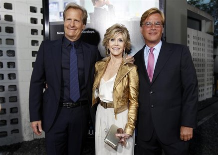 Creator and executive producer Aaron Sorkin (R) poses with cast members Jane Fonda and Jeff Daniels at the premiere of the HBO television se Creator and executive producer Aaron Sorkin (R) poses with cast members Jane Fonda and Jeff Daniels at the premiere of the HBO television se