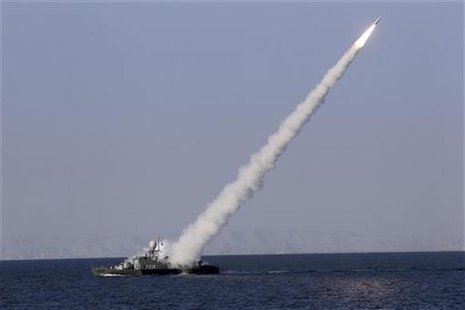 A new medium-range missile is fired from a naval ship during Velayat-90 war game on Sea of Oman near the Strait of Hormuz in southern Iran J A new medium-range missile is fired from a naval ship during Velayat-90 war game on Sea of Oman near the Strait of Hormuz in southern Iran J