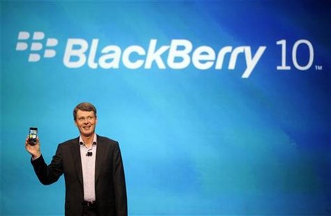Research in Motion Chief Executive Officer Thorsten Heins holds up a prototype of the BlackBerry 10 smartphone at the BlackBerry World event Research in Motion Chief Executive Officer Thorsten Heins holds up a prototype of the BlackBerry 10 smartphone at the BlackBerry World event