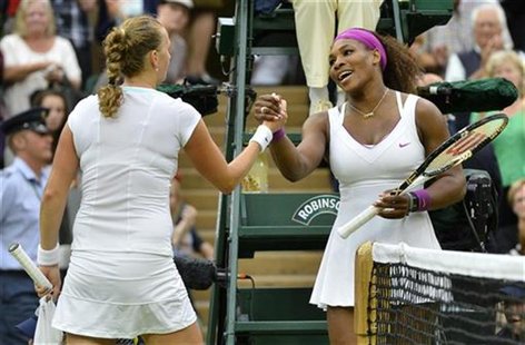 Serena Williams of the U.S. (R) shakes hands with Petra Kvitova of the Czech Republic after defeating her in their women's quarter-final ten Serena Williams of the U.S. (R) shakes hands with Petra Kvitova of the Czech Republic after defeating her in their women's quarter-final ten