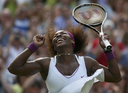 Serena Williams of the U.S. celebrates after defeating Victoria Azarenka of Belarus in their women's semi-final tennis match at the Wimbledo Serena Williams of the U.S. celebrates after defeating Victoria Azarenka of Belarus in their women's semi-final tennis match at the Wimbledo