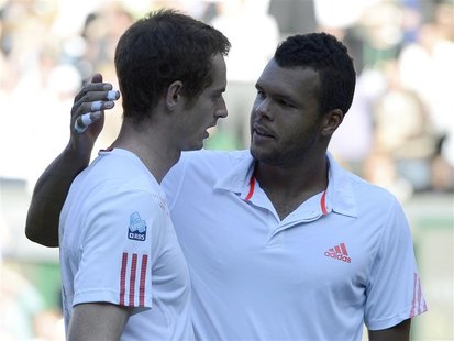 Andy Murray of Britain (L) is congratulated by Jo-Wilfried Tsonga of France after defeating him in their men's semi-final tennis match at th Andy Murray of Britain (L) is congratulated by Jo-Wilfried Tsonga of France after defeating him in their men's semi-final tennis match at th