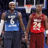 East All-Star LeBron James of the Miami Heat (L) and West All-Star Kobe Bryant of the Los Angeles Lakers exchange words in the fourth quarte
