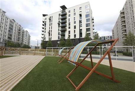 Deck chairs are seen outside the Globe bar in the Olympic Village built for the London 2012 Olympic Games in Stratford, east London on June Deck chairs are seen outside the Globe bar in the Olympic Village built for the London 2012 Olympic Games in Stratford, east London on June