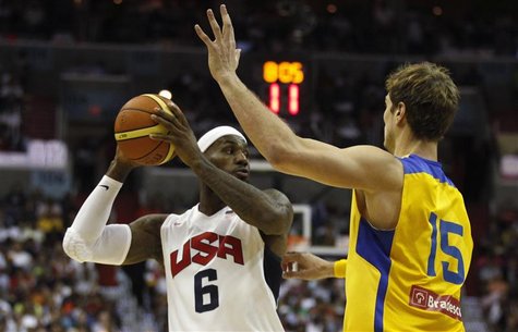 Lebron James of Team USA (L) looks past Tiago Splitter of Brazil during their Olympic men's exhibition basketball game in Washington July 16 Lebron James of Team USA (L) looks past Tiago Splitter of Brazil during their Olympic men's exhibition basketball game in Washington July 16