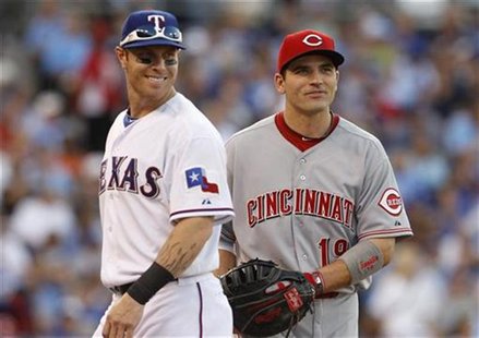 American League All-Star Josh Hamilton (L) of the Texas Rangers speaks with National League All-Star Joey Votto of the Cincinnati Reds durin American League All-Star Josh Hamilton (L) of the Texas Rangers speaks with National League All-Star Joey Votto of the Cincinnati Reds durin