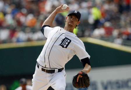 Detroit Tigers starting pitcher Doug Fister, who gave up just one run, two hits, and struck out 10 in 8 innings, as the Tigers defeated the LA Angels 7-1 on Wednesday, July 17, 2012. Detroit Tigers starting pitcher Doug Fister, who gave up just one run, two hits, and struck out 10 in 8 innings, as the Tigers defeated the LA Angels 7-1 on Wednesday, July 17, 2012.