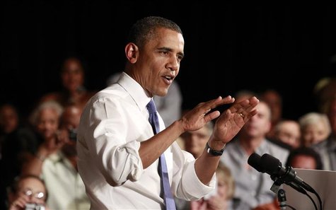 U.S. President Barack Obama speaks during a campaign event at West Palm Beach Century Village in Florida July 19, 2012. REUTERS/Kevin Lamarq U.S. President Barack Obama speaks during a campaign event at West Palm Beach Century Village in Florida July 19, 2012. REUTERS/Kevin Lamarq