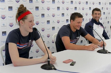 (L to R) Members of U.S. national Olympic swimming team Missy Franklin, Ryan Lochte and Michael Phelps attend a news conference after a trai (L to R) Members of U.S. national Olympic swimming team Missy Franklin, Ryan Lochte and Michael Phelps attend a news conference after a trai