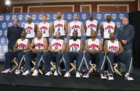 U.S. basketball head coach Mike Krzyzewski (L) and U.S. basketball Chairman Jerry Colangelo (R) flank the 12 players selected for the 2012 U U.S. basketball head coach Mike Krzyzewski (L) and U.S. basketball Chairman Jerry Colangelo (R) flank the 12 players selected for the 2012 U