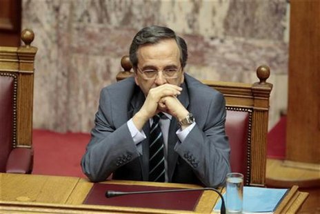 Greece's Prime Minister Antonis Samaras attends a parliament session in Athens July 7, 2012. REUTERS/Yorgos Karahalis Greece's Prime Minister Antonis Samaras attends a parliament session in Athens July 7, 2012. REUTERS/Yorgos Karahalis