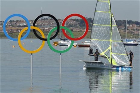 Peter Burling and Blair Tuke of New Zealand, competing in the 49er class sailing competition, trains near the Olympic Rings ahead of the sta Peter Burling and Blair Tuke of New Zealand, competing in the 49er class sailing competition, trains near the Olympic Rings ahead of the sta