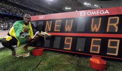 Usain Bolt of Jamaica celebrates winning the men's 100m final of the athletics competition in the National Stadium at the Beijing 2008 Olymp Usain Bolt of Jamaica celebrates winning the men's 100m final of the athletics competition in the National Stadium at the Beijing 2008 Olymp