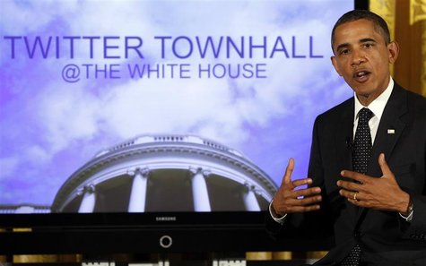 U.S. President Barack Obama talks to the audience during his first ever Twitter Town Hall in the East Room at the White House in Washington, U.S. President Barack Obama talks to the audience during his first ever Twitter Town Hall in the East Room at the White House in Washington,