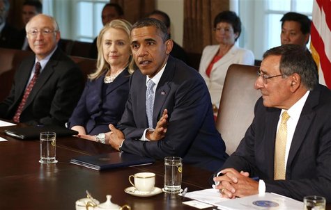 U.S. President Barack Obama speaks at a Cabinet Meeting in the Cabinet Room at the White House in Washington, July 26, 2012. REUTERS/Larry D U.S. President Barack Obama speaks at a Cabinet Meeting in the Cabinet Room at the White House in Washington, July 26, 2012. REUTERS/Larry D