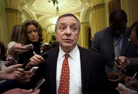 Senate Majority Whip Dick Durbin (D-NV) speaks to reporters about an agreement on the payroll tax holiday on Capitol Hill in Washington Dece Senate Majority Whip Dick Durbin (D-NV) speaks to reporters about an agreement on the payroll tax holiday on Capitol Hill in Washington Dece