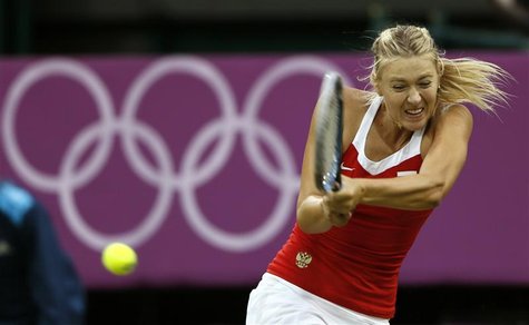 Russia's Maria Sharapova returns to Israel's Shahar Peer in their women's singles tennis match at the All England Lawn Tennis Club during th Russia's Maria Sharapova returns to Israel's Shahar Peer in their women's singles tennis match at the All England Lawn Tennis Club during th