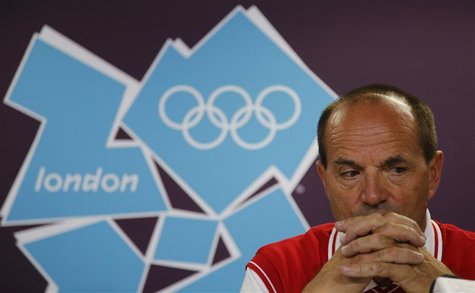 Switzerland's Olympic team chief Gian Gilli reacts during a news conference at the London 2012 Olympics July 30, 2012. Swiss soccer player M Switzerland's Olympic team chief Gian Gilli reacts during a news conference at the London 2012 Olympics July 30, 2012. Swiss soccer player M