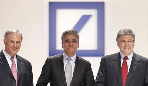Anshu Jain (C) and Juergen Fitschen (L) designated co-successors of Josef Ackermann (R), outgoing CEO of Germany's largest business bank, De Anshu Jain (C) and Juergen Fitschen (L) designated co-successors of Josef Ackermann (R), outgoing CEO of Germany's largest business bank, De