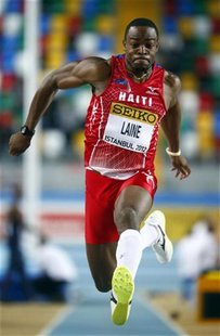 Samyr Laine of Haiti competes in the men's triple jump qualification at the world indoor athletics championships at the Atakoy Athletics Are Samyr Laine of Haiti competes in the men's triple jump qualification at the world indoor athletics championships at the Atakoy Athletics Are