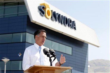 Republican presidential candidate and former Massachusetts Governor Mitt Romney speaks at the former Solyndra headquarters and factory in Fr Republican presidential candidate and former Massachusetts Governor Mitt Romney speaks at the former Solyndra headquarters and factory in Fr