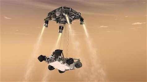 This artist's concept shows the sky crane maneuver during the descent of NASA's Curiosity rover to the Martian surface.The entry, descent, a This artist's concept shows the sky crane maneuver during the descent of NASA's Curiosity rover to the Martian surface.The entry, descent, a
