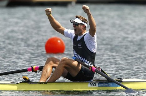 Mahe Drysdale of New Zealand celebrates winning gold in the men's rowing Single Sculls final during the London 2012 Olympic Games at Eton Do Mahe Drysdale of New Zealand celebrates winning gold in the men's rowing Single Sculls final during the London 2012 Olympic Games at Eton Do