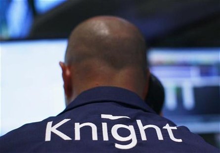 A trader works at the Knight Capital kiosk on the floor of the New York Stock Exchange August 1, 2012. REUTERS/Brendan McDermid A trader works at the Knight Capital kiosk on the floor of the New York Stock Exchange August 1, 2012. REUTERS/Brendan McDermid