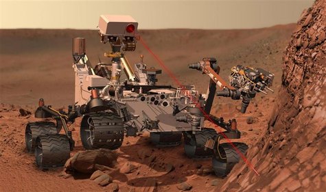 This artist's concept depicts the rover Curiosity, of NASA's Mars Science Laboratory mission, as it uses its Chemistry and Camera (ChemCam) This artist's concept depicts the rover Curiosity, of NASA's Mars Science Laboratory mission, as it uses its Chemistry and Camera (ChemCam)
