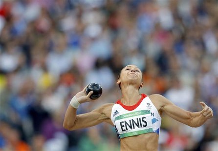 Britain's Jessica Ennis competes in the women's heptathlon Group A shot put event during the London 2012 Olympic Games at the Olympic Stadiu Britain's Jessica Ennis competes in the women's heptathlon Group A shot put event during the London 2012 Olympic Games at the Olympic Stadiu