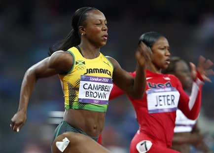 Jamaica's Veronica Campbell-Brown (L) finishes first in her women's 200m semi-final ahead of Carmelita Jeter of the U.S. during the London 2 Jamaica's Veronica Campbell-Brown (L) finishes first in her women's 200m semi-final ahead of Carmelita Jeter of the U.S. during the London 2
