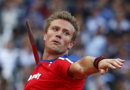 Norway's Andreas Thorkildsen competes in his men's javelin throw qualification during the London 2012 Olympic Games at the Olympic Stadium A Norway's Andreas Thorkildsen competes in his men's javelin throw qualification during the London 2012 Olympic Games at the Olympic Stadium A