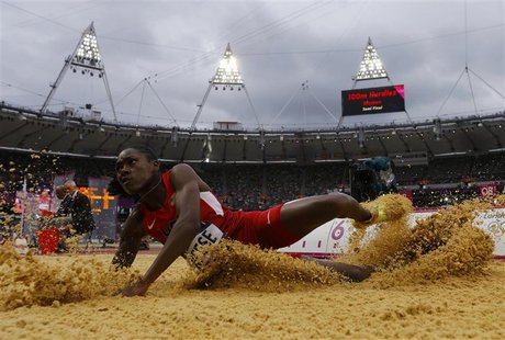 Brittney Reese of the U.S. competes in her women's long jump qualification during the London 2012 Olympic Games at the Olympic Stadium Augus Brittney Reese of the U.S. competes in her women's long jump qualification during the London 2012 Olympic Games at the Olympic Stadium Augus